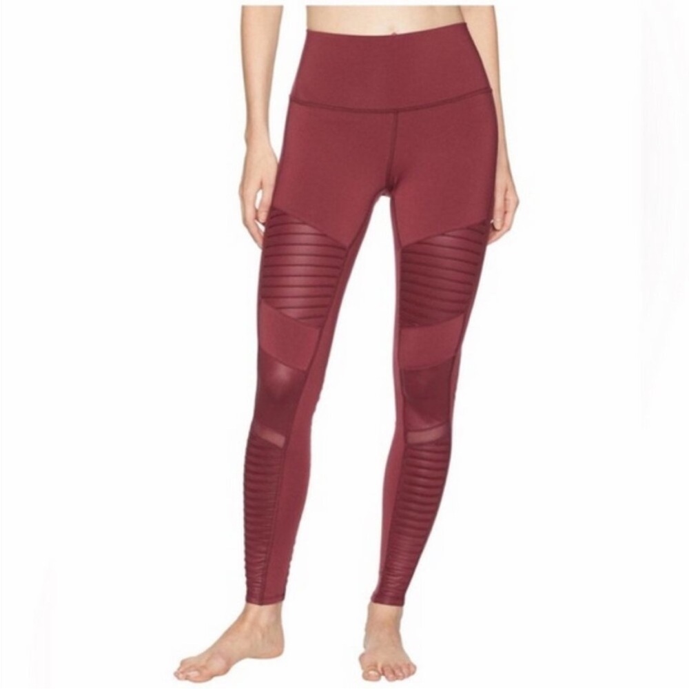 ALO Yoga Moto Legging High Rise Burgundy Pleated Mesh Full Length